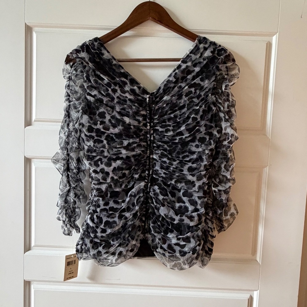 Tadashi Shoji Black & White Sheer Leopard Print Ruffle Wrap Blouse - Picture 6 of 12